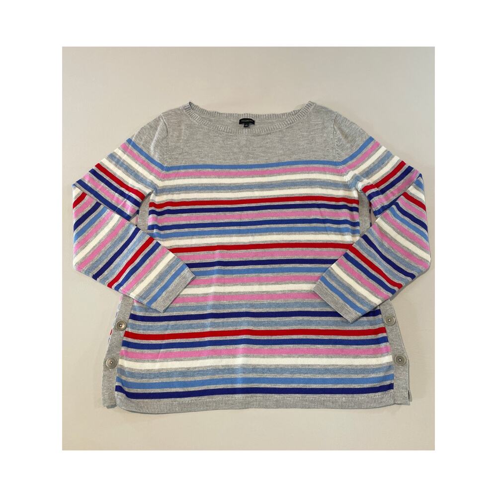 Talbots Multicolor Stripe Sweater Heather Gray Side Button Trim Lightweight
